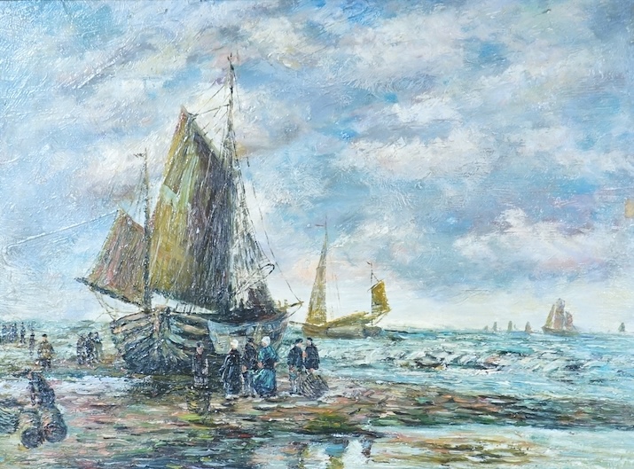 Impressionist style, Moored fishing boats and fishermen, oil on board, 29 x 39cm, ornate gilt frame